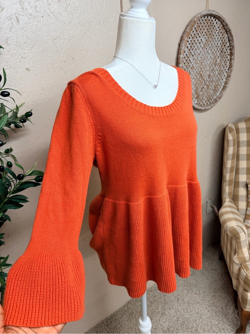 Women's Orange Long Sleeve Peplum Sweater Top